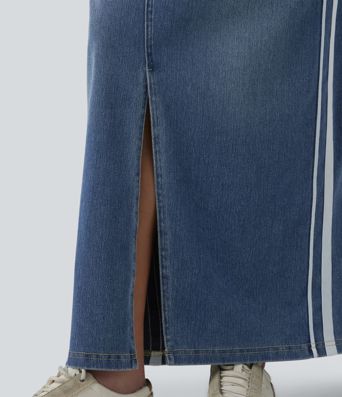 Halara Flex™ High Waisted Stripe Washed Denim Maxi Casual Skirt with Pockets