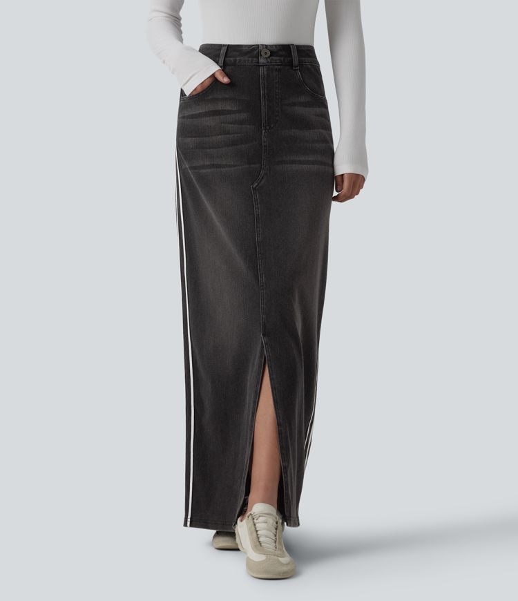 Halara Flex™ High Waisted Stripe Washed Denim Maxi Casual Skirt with Pockets Halara Flex™ High Waisted Stripe Washed Denim Maxi Casual Skirt with Pockets