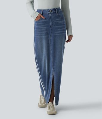 Halara Flex™ High Waisted Stripe Washed Denim Maxi Casual Skirt with Pockets