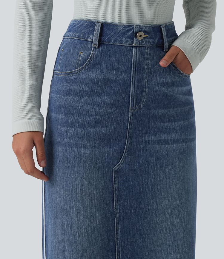 Halara Flex™ High Waisted Stripe Washed Denim Maxi Casual Skirt with Pockets