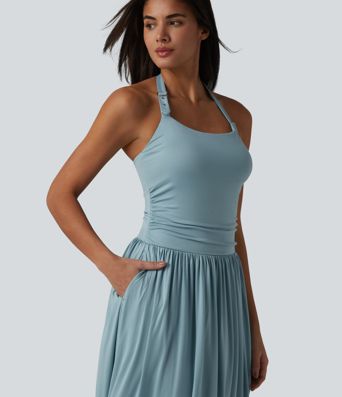 Halter Built-in Bra Flowy Maxi Casual Dress with Pockets
