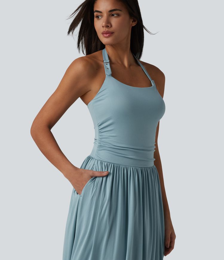 Halter Built-in Bra Flowy Maxi Casual Dress with Pockets