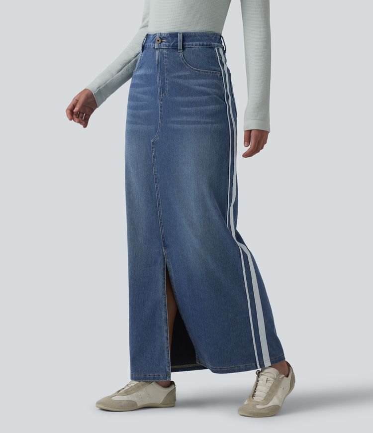 Halara Flex™ High Waisted Stripe Washed Denim Maxi Casual Skirt with Pockets