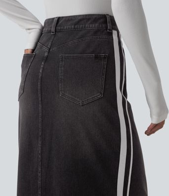 Halara Flex™ High Waisted Stripe Washed Denim Maxi Casual Skirt with Pockets Halara Flex™ High Waisted Stripe Washed Denim Maxi Casual Skirt with Pockets