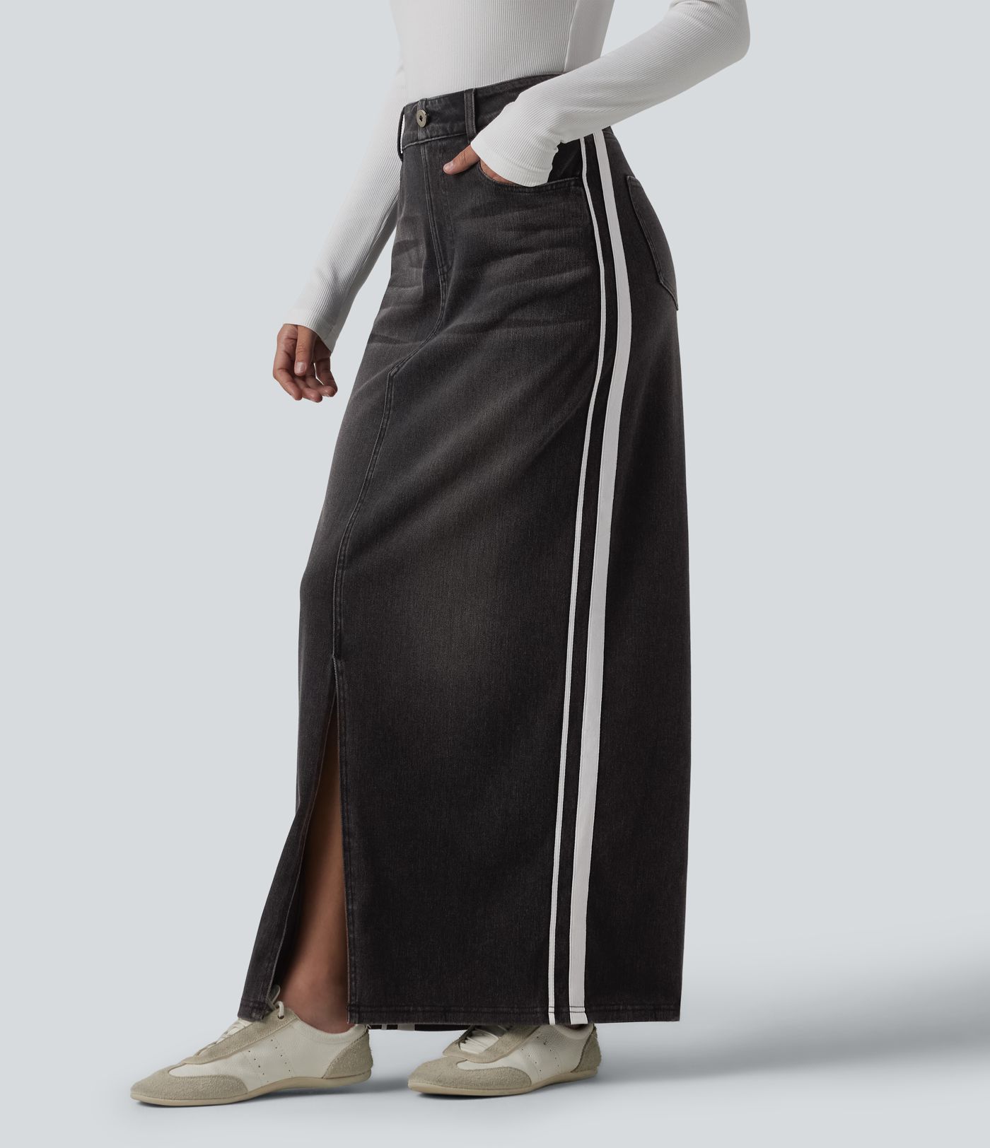 Halara Flex™ High Waisted Stripe Washed Denim Maxi Casual Skirt with Pockets Halara Flex™ High Waisted Stripe Washed Denim Maxi Casual Skirt with Pockets