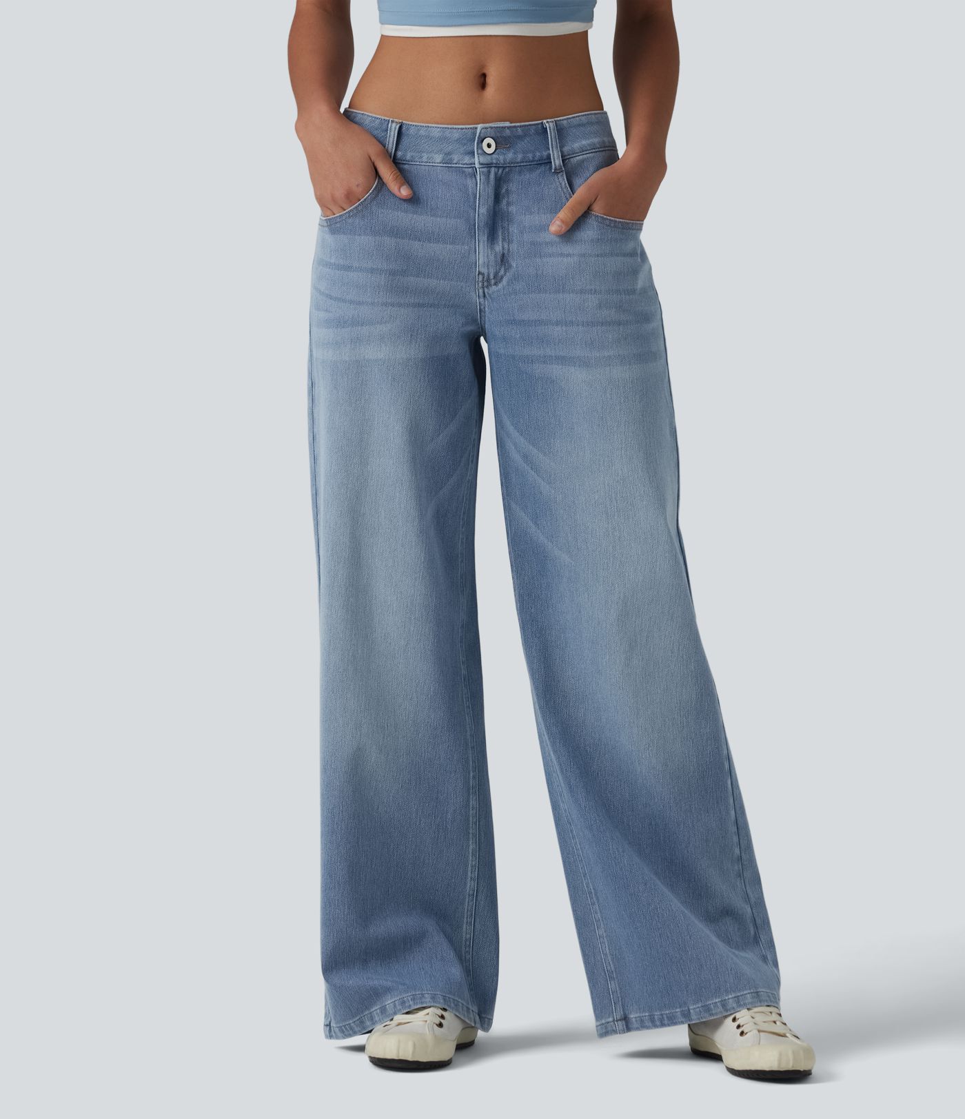 Halara Flex™ Low Rise Zipper Pockets Washed Baggy Wide Leg Casual Jeans