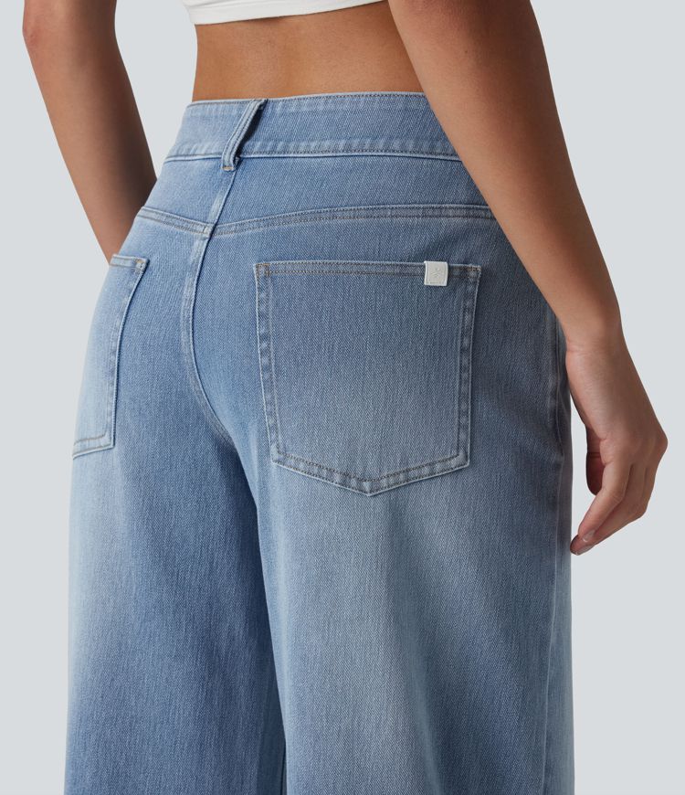 Halara Flex™ Low Rise Zipper Pockets Washed Baggy Wide Leg Casual Jeans