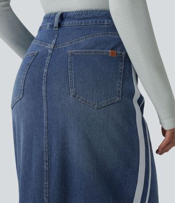 Halara Flex™ High Waisted Stripe Washed Denim Maxi Casual Skirt with Pockets