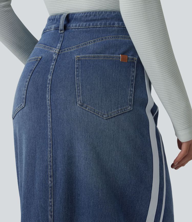 Halara Flex™ High Waisted Stripe Washed Denim Maxi Casual Skirt with Pockets