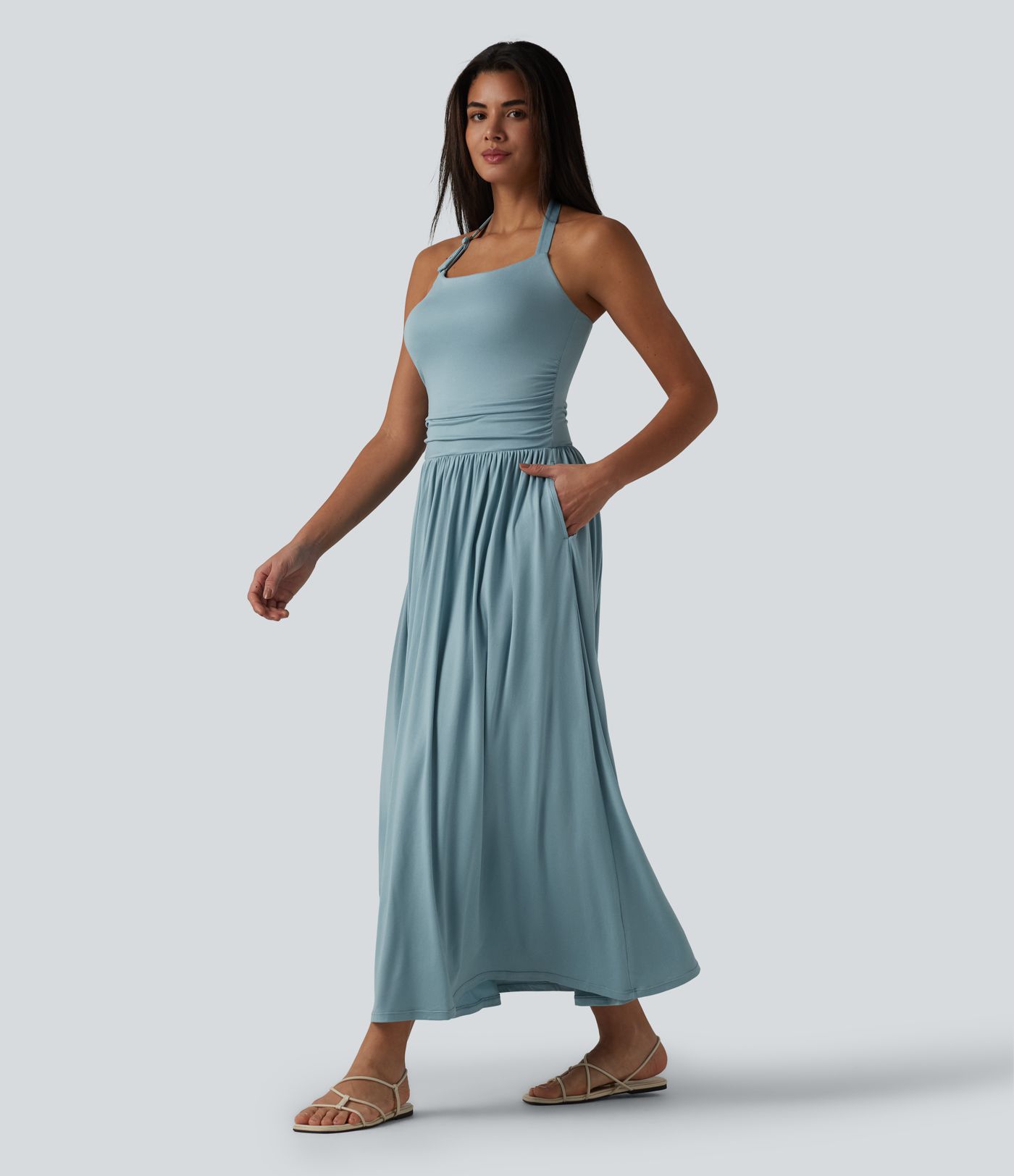 Halter Built-in Bra Flowy Maxi Casual Dress with Pockets