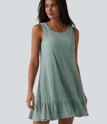 Round Neck Built-in Bra Sleeveless Ruffle Hem Mini Casual Dress