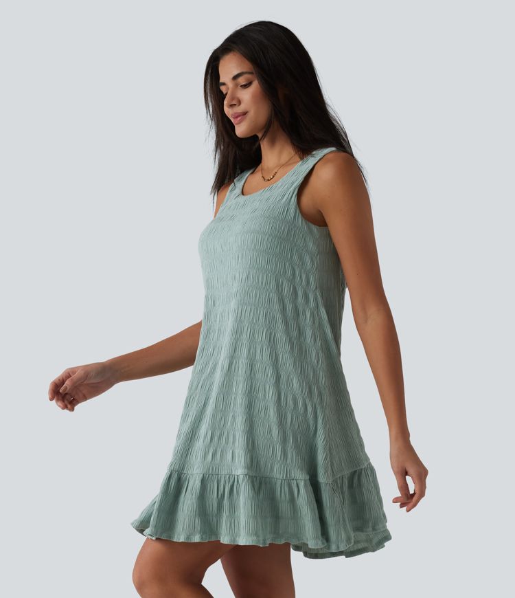 Round Neck Built-in Bra Sleeveless Ruffle Hem Mini Casual Dress