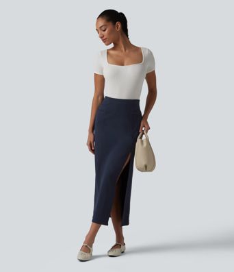 High Waisted Split Bodycon Midi Work Skirt