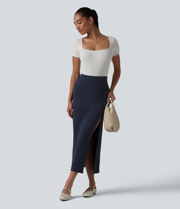 High Waisted Split Bodycon Midi Work Skirt