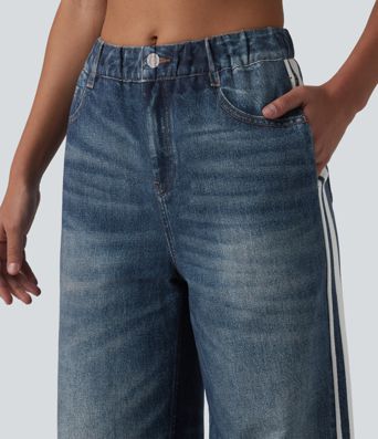 Mid Rise Denim Print French Terry Stripe Casual Sweatpants Jeans with Pockets