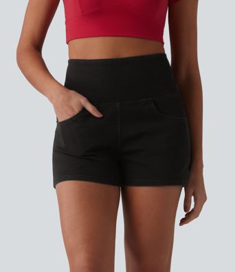 Halara Flex™ SoCinched Hohe Taille Bauchkontrolle Jeans Casual Shorts 3'' mit Taschen