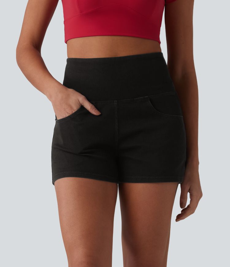 Halara Flex™ SoCinched Hohe Taille Bauchkontrolle Jeans Casual Shorts 3'' mit Taschen