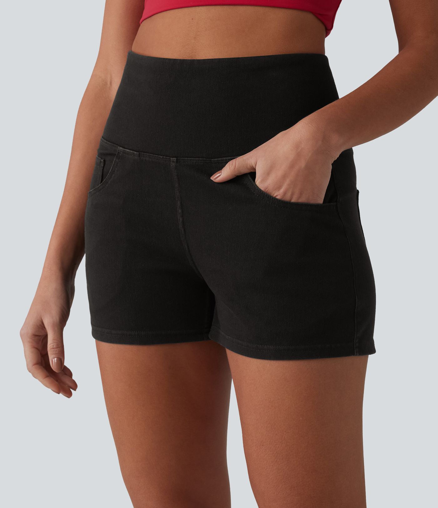 Halara Flex™ SoCinched Hohe Taille Bauchkontrolle Jeans Casual Shorts 3'' mit Taschen