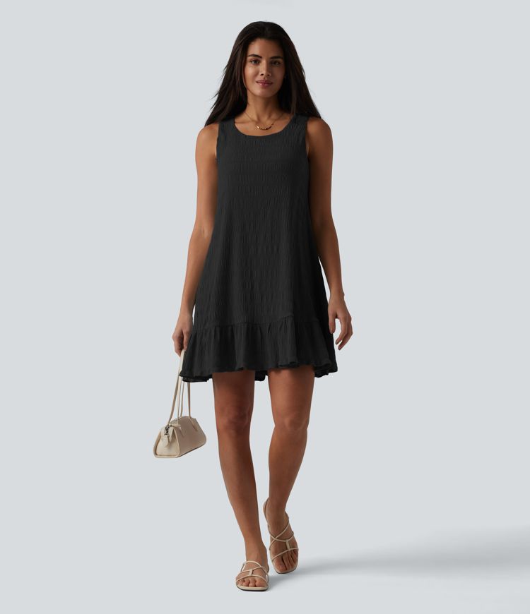 Round Neck Built-in Bra Sleeveless Ruffle Hem Mini Casual Dress