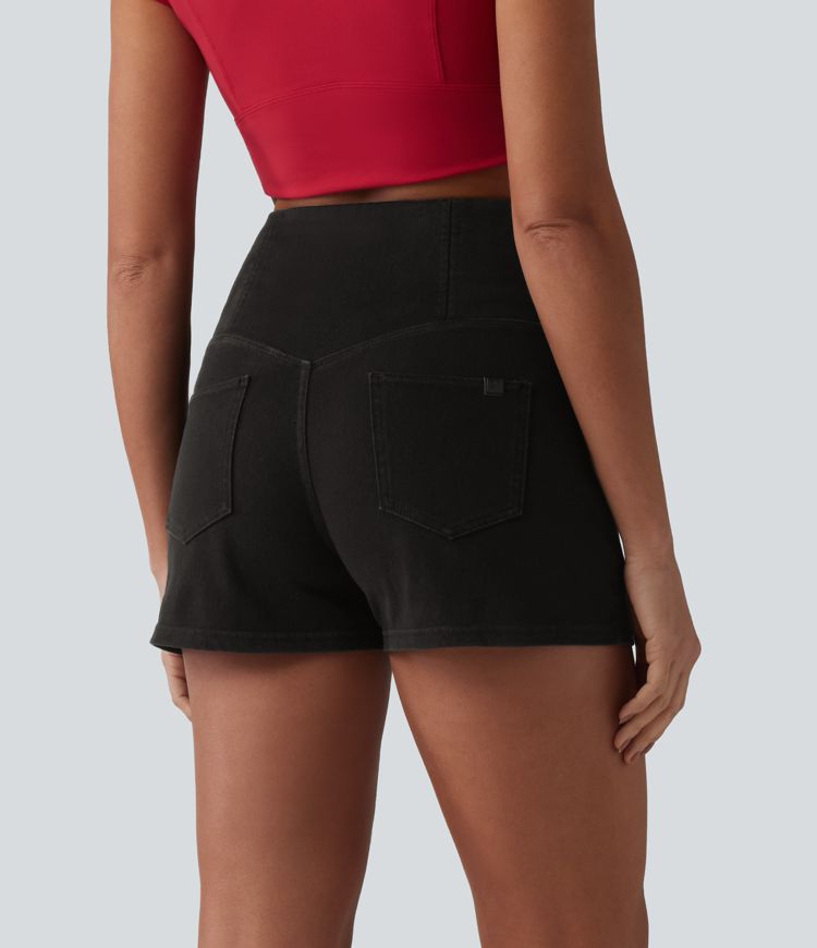 Halara Flex™ SoCinched Hohe Taille Bauchkontrolle Jeans Casual Shorts 3'' mit Taschen