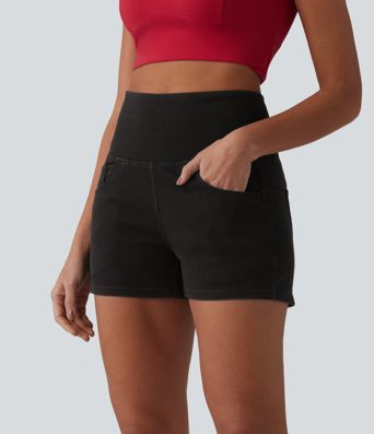 Halara Flex™ SoCinched Hohe Taille Bauchkontrolle Jeans Casual Shorts 3'' mit Taschen
