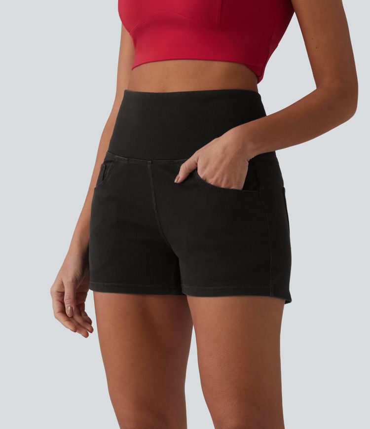 Halara Flex™ SoCinched Hohe Taille Bauchkontrolle Jeans Casual Shorts 3'' mit Taschen