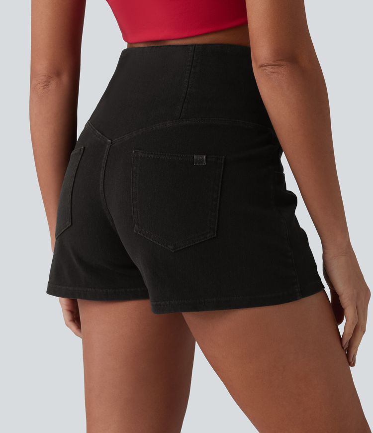 Halara Flex™ SoCinched Hohe Taille Bauchkontrolle Jeans Casual Shorts 3'' mit Taschen