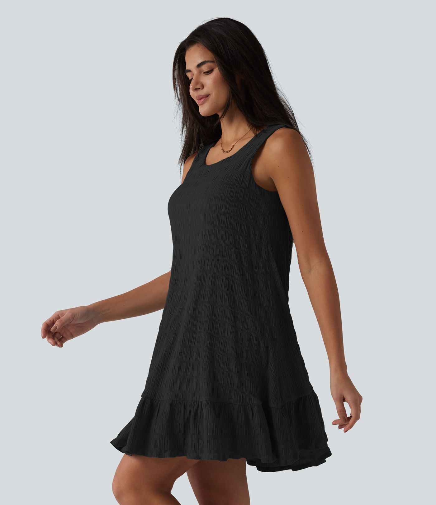 Round Neck Built-in Bra Sleeveless Ruffle Hem Mini Casual Dress