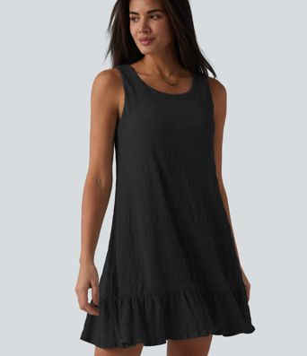 Round Neck Built-in Bra Sleeveless Ruffle Hem Mini Casual Dress