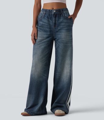 Mid Rise Denim Print French Terry Stripe Casual Sweatpants Jeans with Pockets