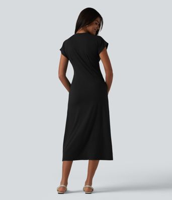 Round Neck Short Sleeve Midi Work Dress