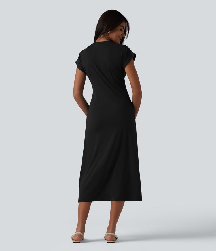 Round Neck Short Sleeve Midi Work Dress