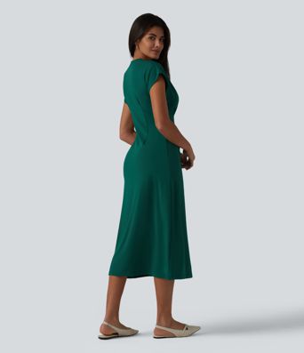 Round Neck Short Sleeve Midi Work Dress