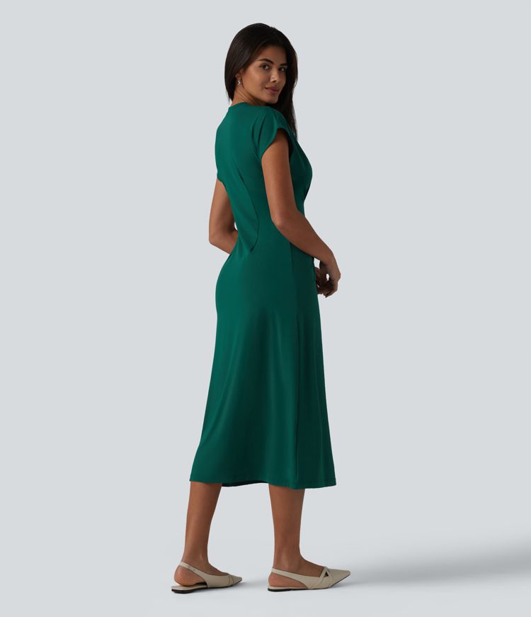 Round Neck Short Sleeve Midi Work Dress