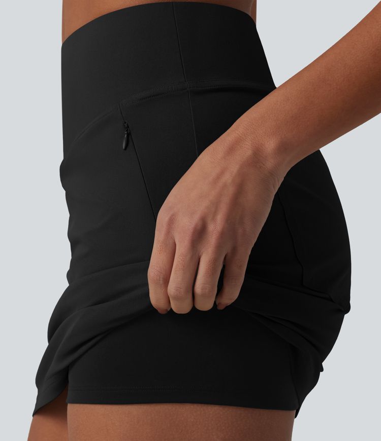 High Waisted 2-in-1 A-line Mini Stretchy Poplin Casual Skirt with Pockets