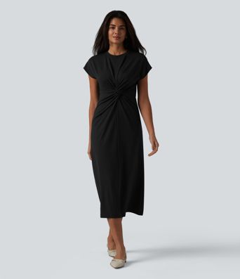 Round Neck Short Sleeve Midi Work Dress