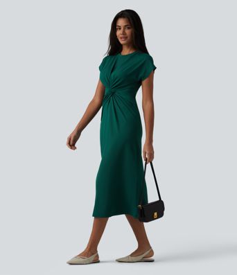Round Neck Short Sleeve Midi Work Dress