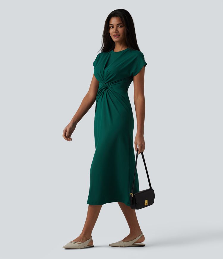 Round Neck Short Sleeve Midi Work Dress