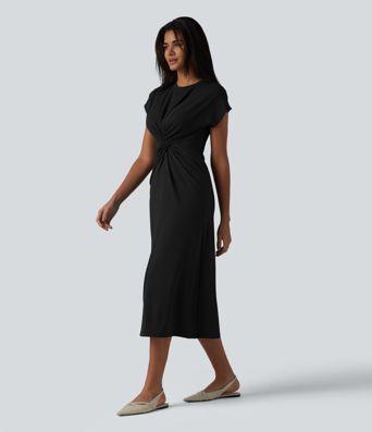 Round Neck Short Sleeve Midi Work Dress