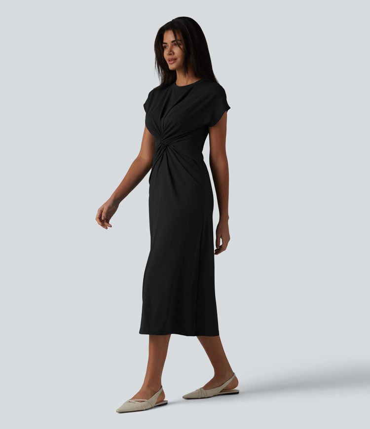 Round Neck Short Sleeve Midi Work Dress