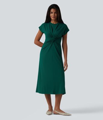 Round Neck Short Sleeve Midi Work Dress