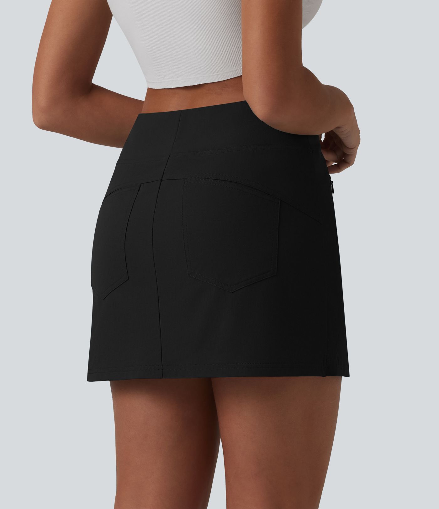 High Waisted 2-in-1 A-line Mini Stretchy Poplin Casual Skirt with Pockets