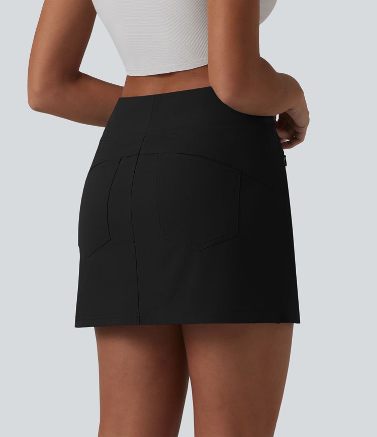 High Waisted 2-in-1 A-line Mini Stretchy Poplin Casual Skirt with Pockets