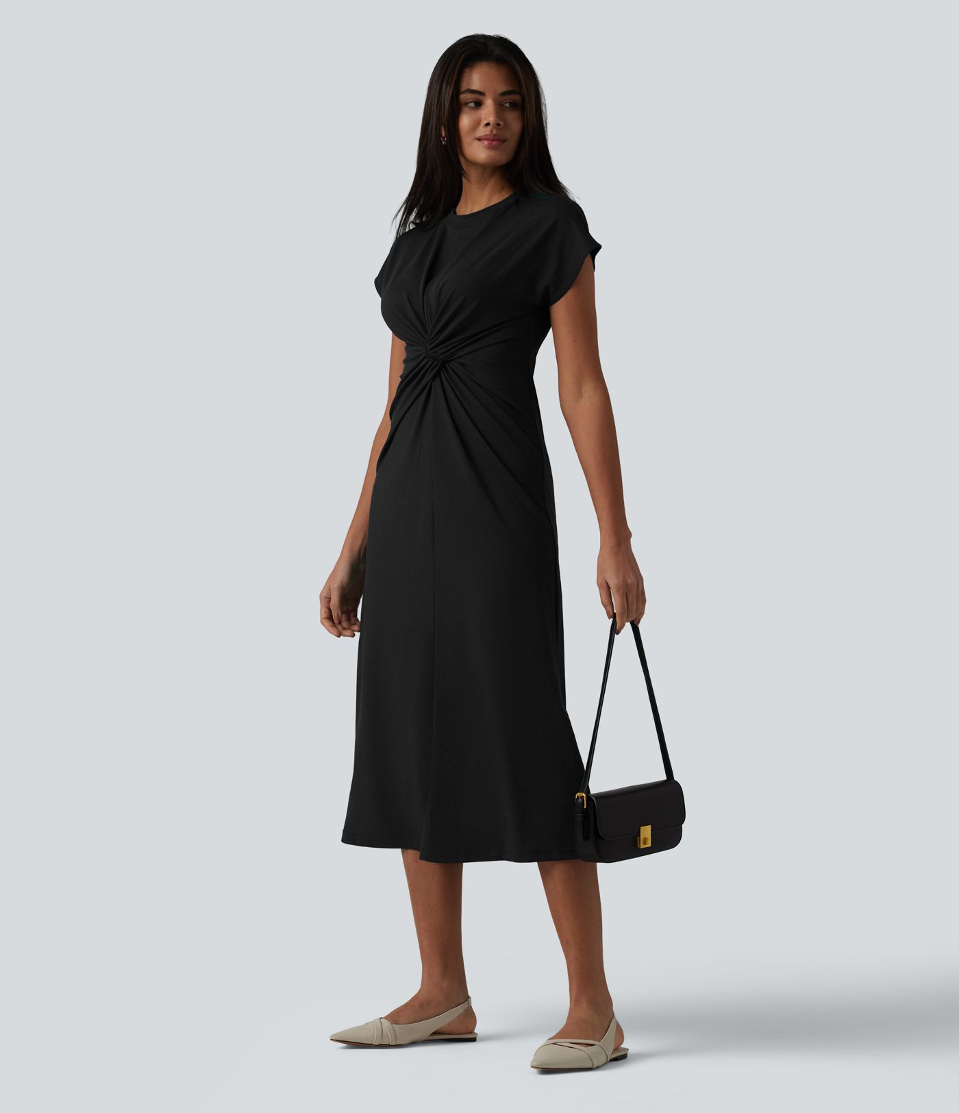 Round Neck Short Sleeve Midi Work Dress
