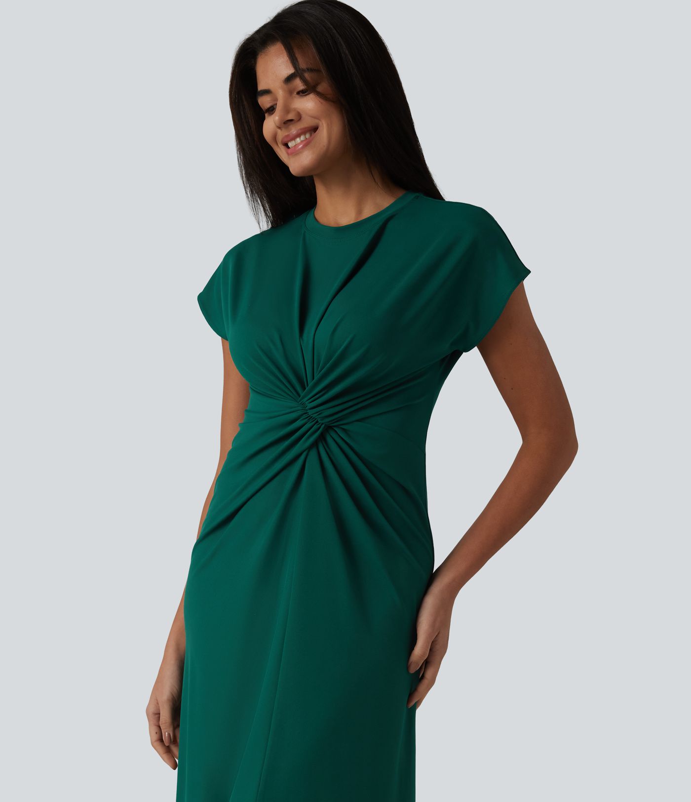 Round Neck Short Sleeve Midi Work Dress