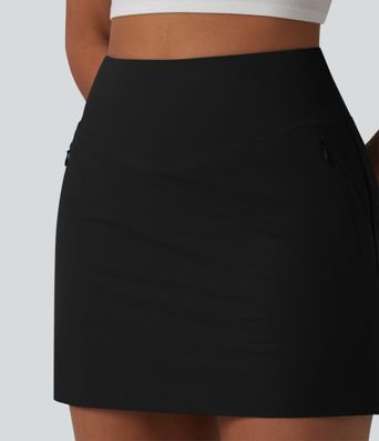 High Waisted 2-in-1 A-line Mini Stretchy Poplin Casual Skirt with Pockets