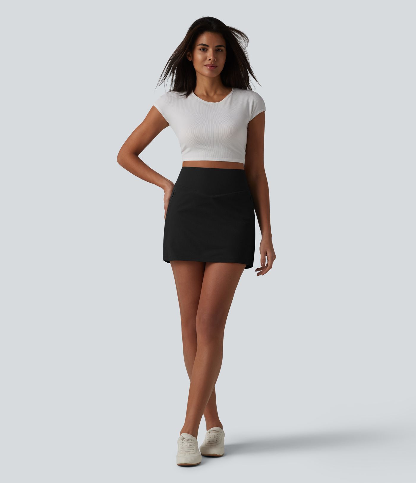 High Waisted 2-in-1 A-line Mini Stretchy Poplin Casual Skirt with Pockets