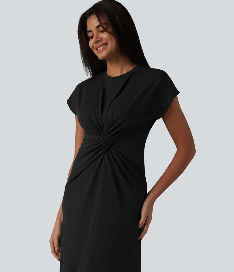 Round Neck Short Sleeve Midi Work Dress