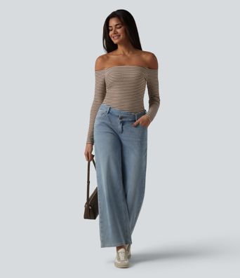 Ribbed Knit Off Shoulder Long Sleeve Built-in Bra Stripe Casual T-Shirt