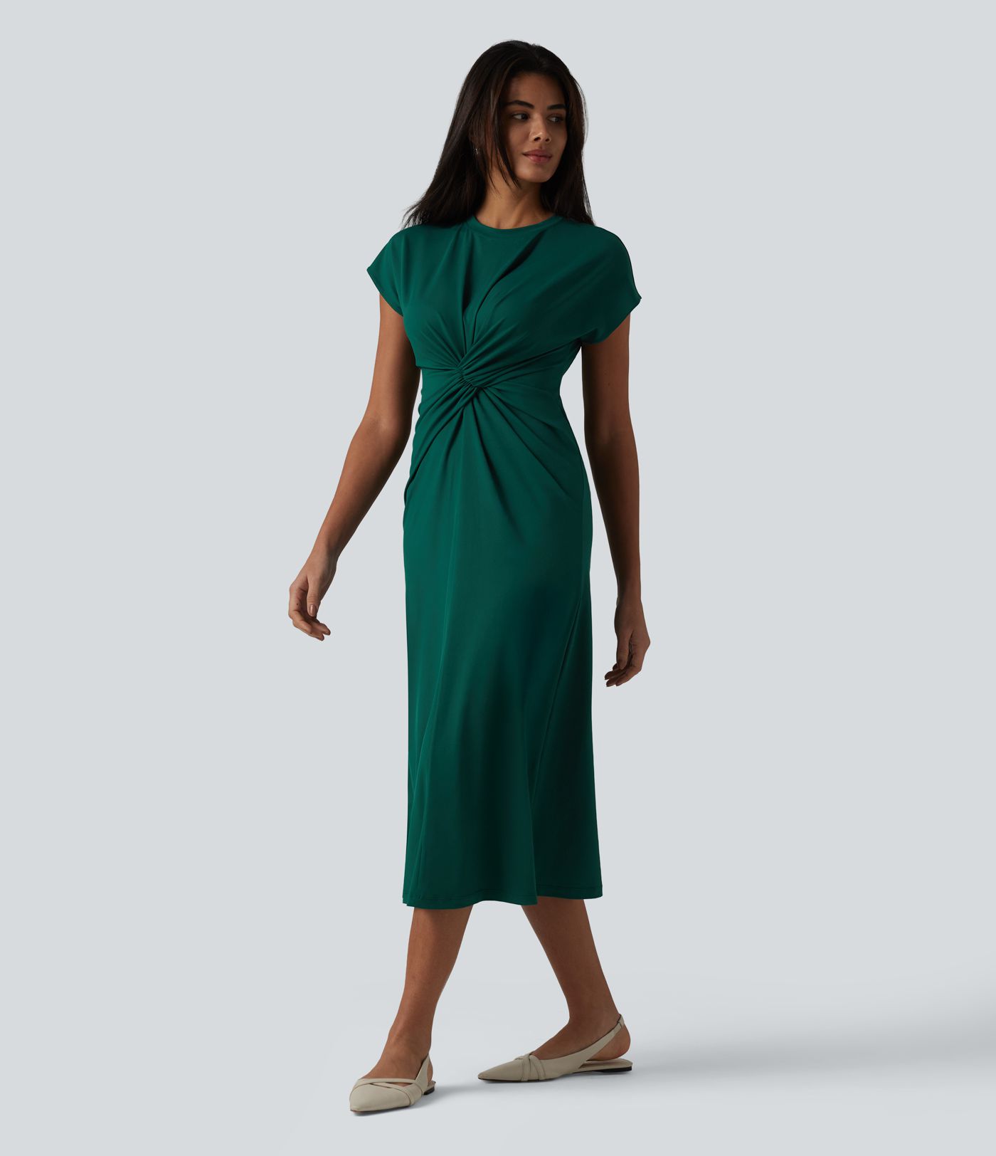 Round Neck Short Sleeve Midi Work Dress